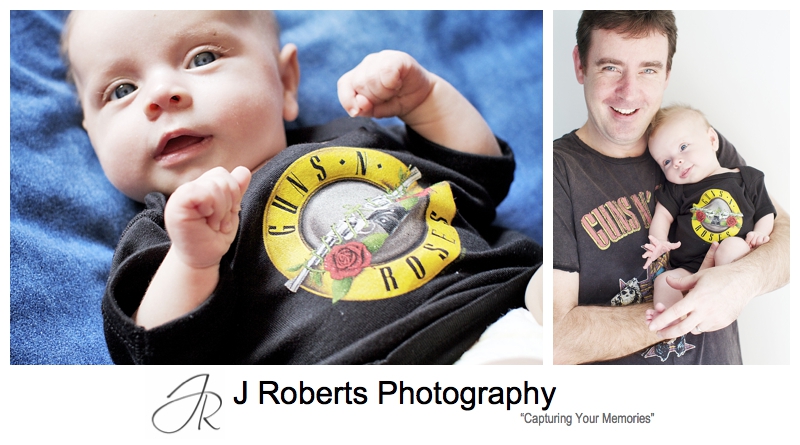 Baby girl in guns n roses shirt - sydney baby photographer